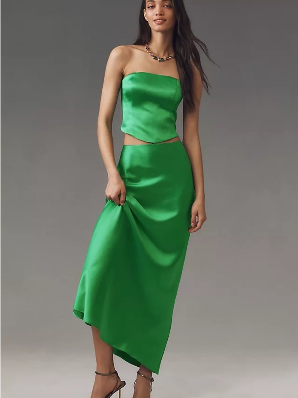 Anthropologie Mare Mare Strapless Satin Midi skirt and tube top set in Green NWT